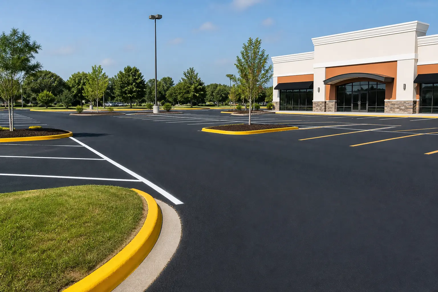 Sealcoated retail parking lot with fresh striping in Fairfax, VA