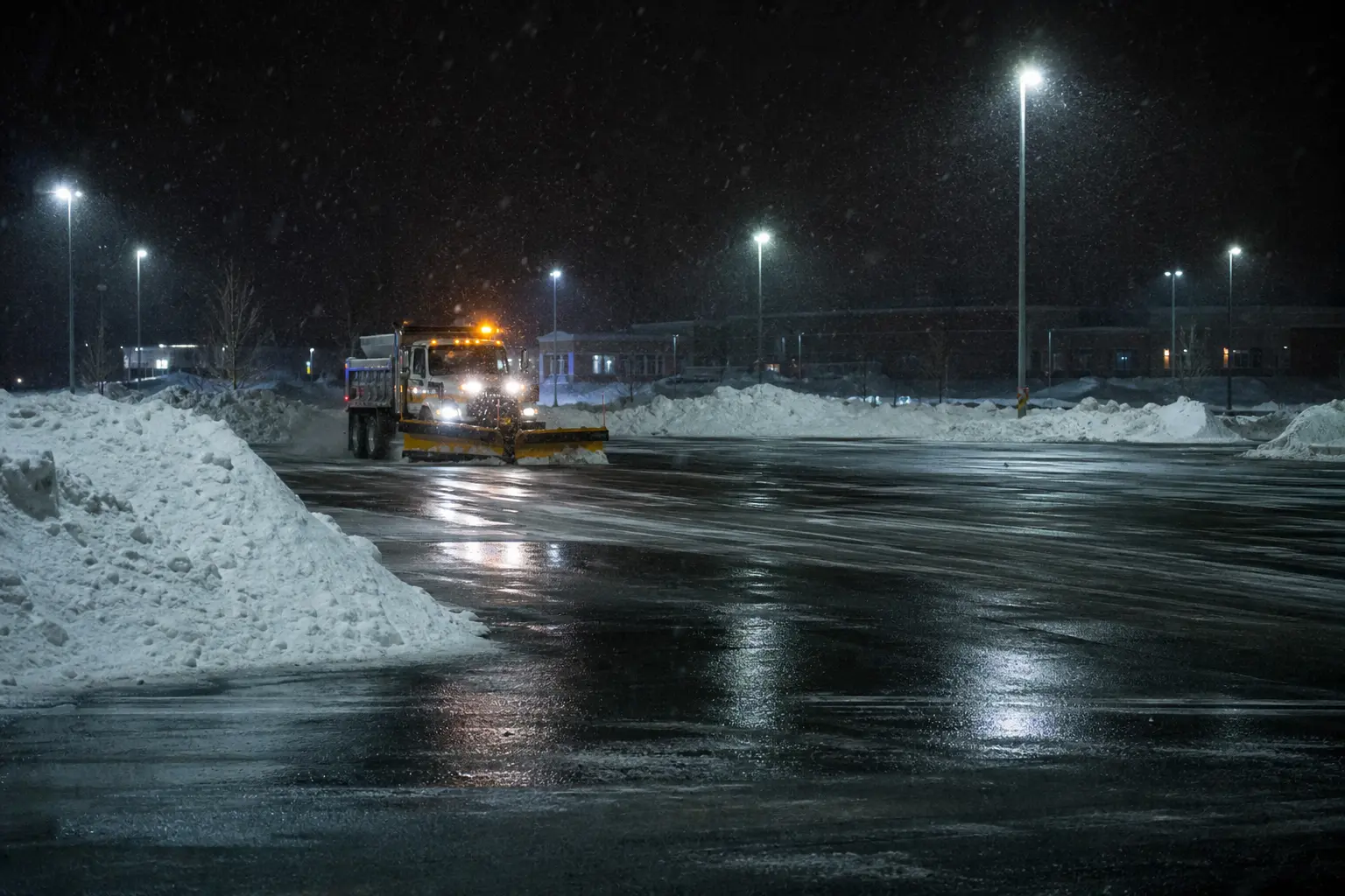 Overnight commercial parking lot snow plowing in Rockville, MD